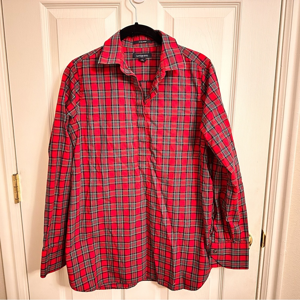 Red Tartan Plaid Land’s End Supima Cotton Shirt 8